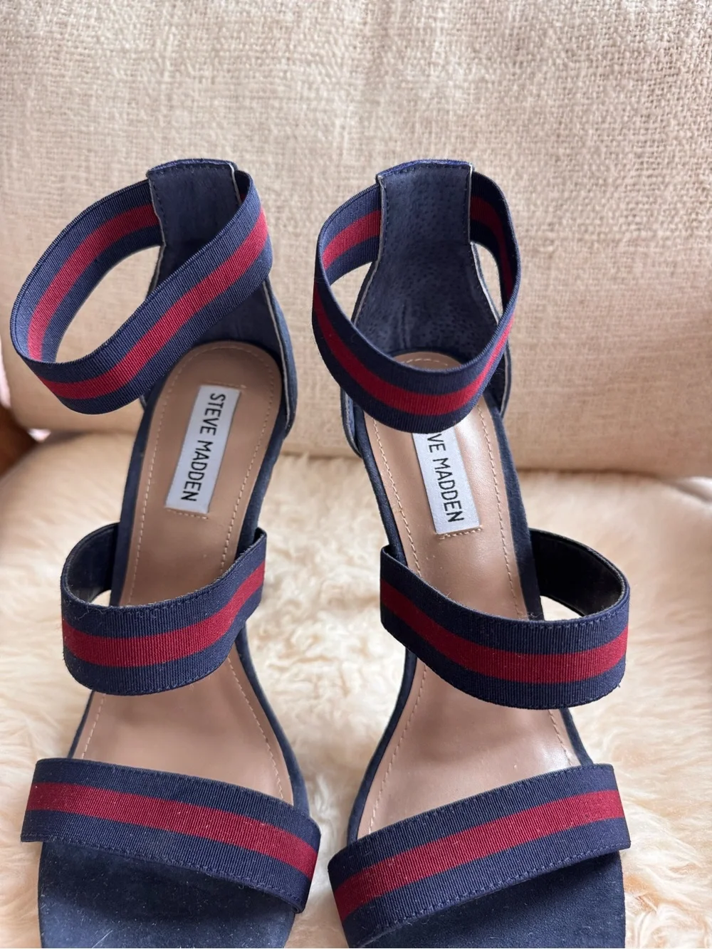 Steve Madden Navy & Red Striped Elastic Strap High Heel Sandals
